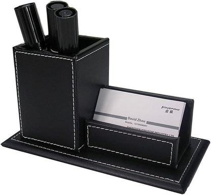 KINGFOM Pu Leather Desk Organizers and Accessories, 8 PCS/SET Office Supplies Organization with Magazine Files Holder, Stackable Paper Tray, Desktop Organizers with Drawer for Home Office School Black