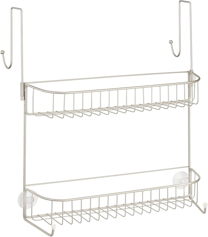 mDesign Extra Wide Metal Wire Over the Bathroom Shower Door Caddy, Hanging Storage Organizer with Built-In Hooks and Baskets on 2 Levels for Shampoo, Body Wash, Loofahs, Rust Resistant - Satin