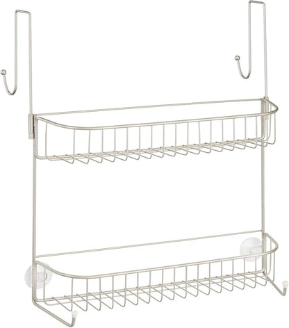 mDesign Extra Wide Metal Wire Over the Bathroom Shower Door Caddy, Hanging Storage Organizer with Built-In Hooks and Baskets on 2 Levels for Shampoo, Body Wash, Loofahs, Rust Resistant - Satin