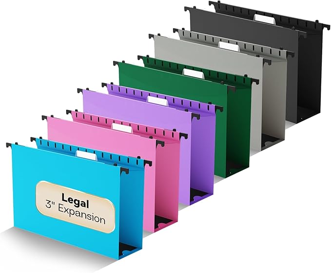 NORDUN Plastic Legal Size Hanging File Folders,3" Expansion Extra Capacity Hanging Folder,Heavy Duty Reinforced Hang Folders Legal,Adjustable Tabs,Filing Cabinet Folder for Bulky Files,12 Pack,Colored