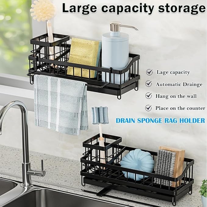 WIWIUXY Sponge Holder for Kitchen Sink, Sink Caddy with High Brush Holder, Organzier Rustproof 304 Stainless Steel Dish Organizer Wall Mount, Soap Dispenser Storage