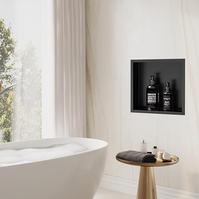 Shower Niche 12 x 12, Matte Black Stainless Steel Shower Niche Shelf Recessed for Bathroom Storage No Tile Needed Over Mount Installation