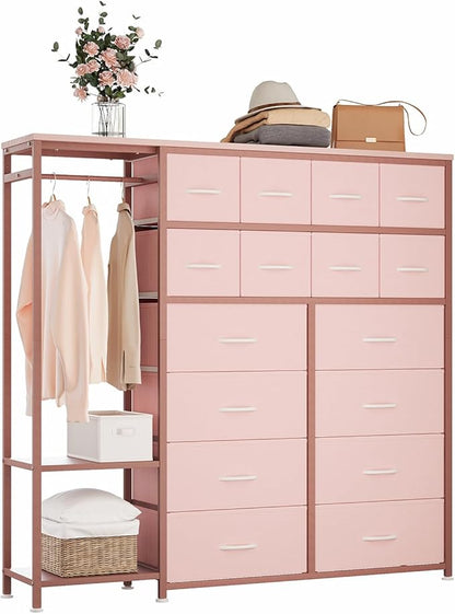 GarveeHome Dresser with 16 Drawers & Hanging Rod & Shelves, Fabric Storage Organizer for Bedroom, Closet, or Entryway