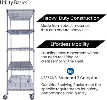 Utility Basics NSF Commercial 5-Tier Wire Shelving with Wheels, 48"x24"x72" Heavy Duty Metal Shelves 4000 lbs Max Capacity, Chrome Storage Rack for Garage Kitchen Pantry Warehouse