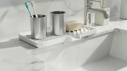 Happitasa Silicone Soap Dish Tray and Sponge Holder with Drain Chute and Feet | 3-Way Sloped Design | Bathroom and Kitchen Sink Organizer Caddy (Sand Dollar, 10"x4")