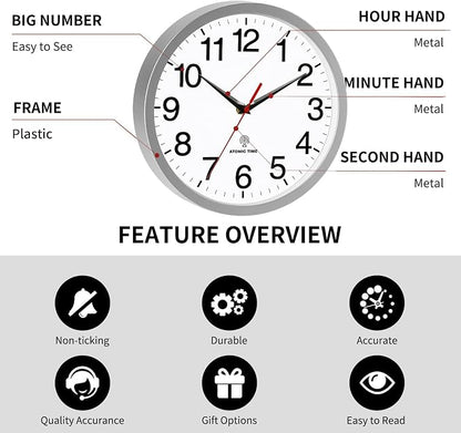Rohioue Atomic Wall Clock Modern 10 Inch Battery Operated Analog Clock Decorative for Bedroom Kitchen Bathroom Office Home Living Room (Silver)