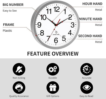 Rohioue Atomic Wall Clock Modern 14 Inch Battery Operated Analog Clock Decorative for Bedroom Kitchen Bathroom Office Home Living Room (Silver)