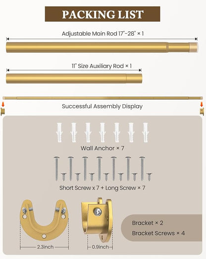 Heavy Duty Closet Rod, 17-39 IN Closet Rods for Hanging Clothes, Gold | Stepless Adjustable, Supports up to 66 lbs, Multiple Size Options, Easy Installation, Multi Purpose , Wall-Mounted
