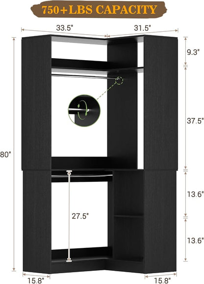 Aheaplus Corner Closet System with Shelves, Closet Organizer System with Hanging Rods, Wood Walk-in Closets for Corner Small Space, L Shaped Garment Rack, -B3, Black