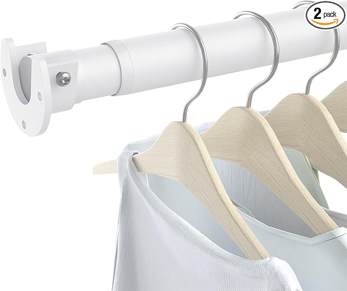 2 Pack Closet Rods for Hanging Clothes, 17 to 84 Inch Heavy Duty Stepless Adjustable Closet Hanging Rod, 1.3 Inch Diameter Metal Closet Rod for Wardrobes Laundry Bedroom RV, White