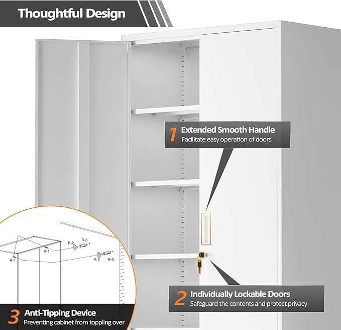 VINGLI Metal Garage Storage Cabinet with 2 Doors and 5 Adjustable Shelves, 71" Tall Steel Lockable File Cabinet, Locking Tool Cabinets for Home Office Garage Gym School (White)