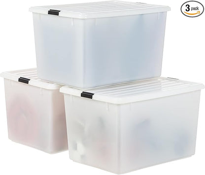 IRIS USA 144 Qt Stackable Plastic Storage Bins with Lids, 3 Pack - BPA-Free, Discreet Organizing Solution, Latches, Durable Nestable Containers, Secure Pull Handle, Made in USA - Pearl