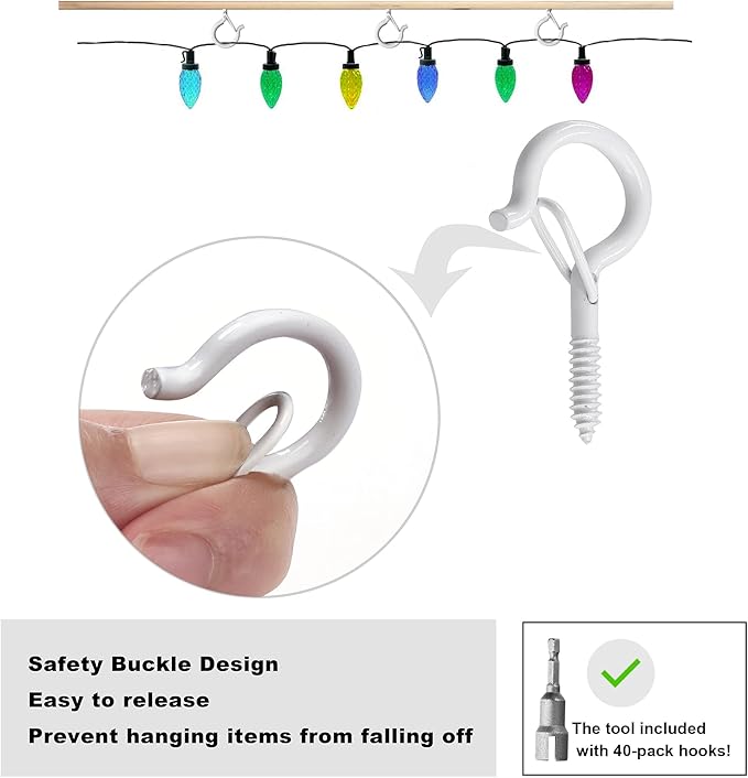 PlusRoc 40 Pack Christmas Light Hooks for Outdoor Seasonal Lighting Clips, 2.2 Inch White Cup Hooks Eye Hook Q-Hanger, with Wing Nut Driver, Wall and Ceiling Fence Deck Patio Mount