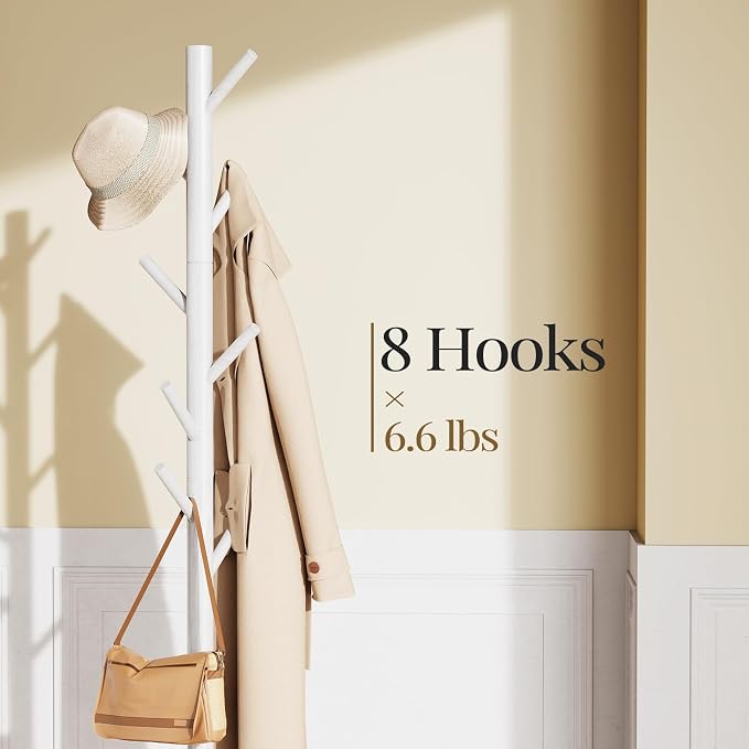 Pipishell Solid Wooden Coat Rack Freestanding, Hall Tree with 8 Hooks, 3 Height Options for Coats, Hats, Handbags, and Scarves, Tool-Free Assembly, Space Saving Design for Entryway, Office, Bedroom