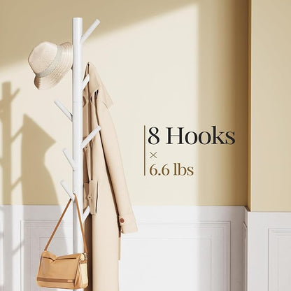 Pipishell Solid Wooden Coat Rack Freestanding, Hall Tree with 8 Hooks, 3 Height Options for Coats, Hats, Handbags, and Scarves, Tool-Free Assembly, Space Saving Design for Entryway, Office, Bedroom