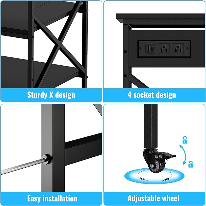 TUMAN Pro Large Printer Stand with Power Outlet and Storage 3 Tier Mobile Rolling Cart with Locking Casters 23.6 x 23.6 x 30 Inches Home Office Black