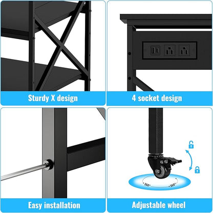 TUMAN Pro Large Printer Stand with Power Outlet and Storage 3 Tier Mobile Rolling Cart with Locking Casters 23.6 x 23.6 x 30 Inches Home Office Black
