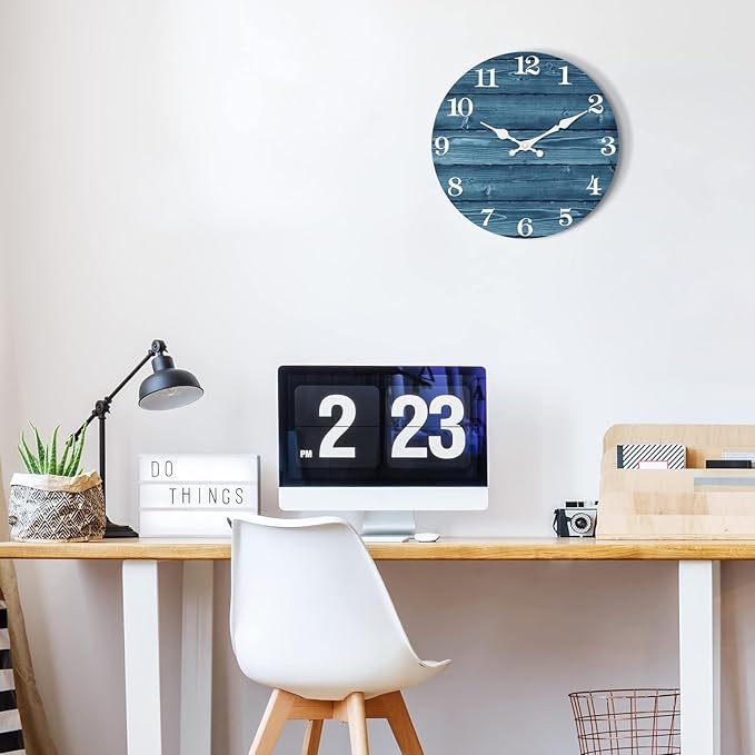 XFM Blue Wall Clock Battery Operated 20 Inch Silent Wood Wall Clocks Country Retro Farmhouse Wall Clock Decorative for Kitchen Living Room Bedroom