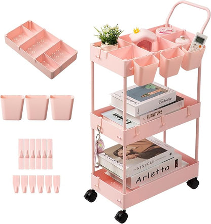 danpinera Slim Storage Cart, 3 Tier Narrow Rolling Cart on Wheels Bathroom Organizer with Dividers Handle Hanging Cups Hooks for Laundry Room Kitchen Small Spaces, Pink