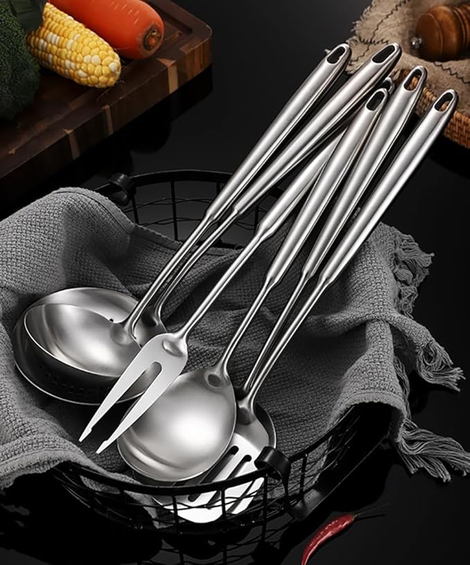 Wok Utensils Tools for Carbon Steel, Stainless Steel Wok Spatula Set,Wok Spatula and Skimmer, Soup Ladle,Meat Fork,4-PiecesCooking Tools & Serving Utensil 15inch
