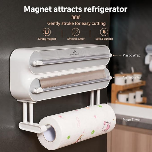 Magnetic Plastic Wrap Dispenser with Cutter, 3-in-1 Kitchen Wrap Organizer for Plastic Wrap, Aluminum Foil & Cling Film, Wall Mount Wrap Dispenser with Paper Towel Holder (3 in 1)