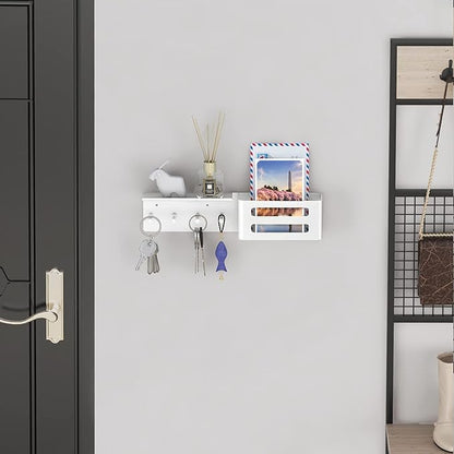 MKO Key Holder for Wall, 12.2In Mail Organizer Holder with Shelf, Metal Key Rack Adhesive Wall Mount, White