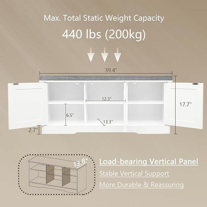 DINZI LVJ Shoe Bench, Entryway Storage Bench with Doors, Cushion, 2-Tier Shoe Rack with 6-Cubby, 39.4”L x 13.8”W Shoe Organizer Cabinet, Adjustable Shelf, Living Room, Bedroom, White