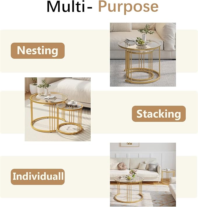 Garden 4 you Nesting Coffee Table, 23.6" Round Coffee Table Set of 2, Glass Nesting Table with Metal Frame, Ceter Tables for Living Room Bedroom Balcony, Gold