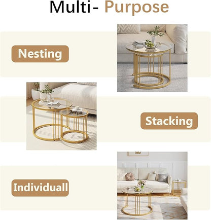 Garden 4 you Nesting Coffee Table, 23.6" Round Coffee Table Set of 2, Glass Nesting Table with Metal Frame, Ceter Tables for Living Room Bedroom Balcony, Gold