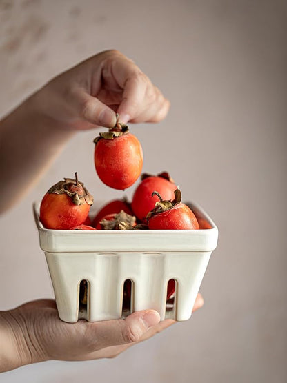 Gomakren Fruit Basket for Kitchen, Fruit Bowl with Holes, Ceramic Berry Basket Set of 2, 5.7 Inch Square Berry Containers Colander - Farmhouse Kitchen Decor, White