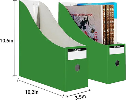 Limitliho 2 Pack Cardboard File Storage Box with Label, Grass Green Book Holder for Classroom,Office,Home,Magazine Organizer for Desk(10.6" H x 10.2" L x 3.5" W in)