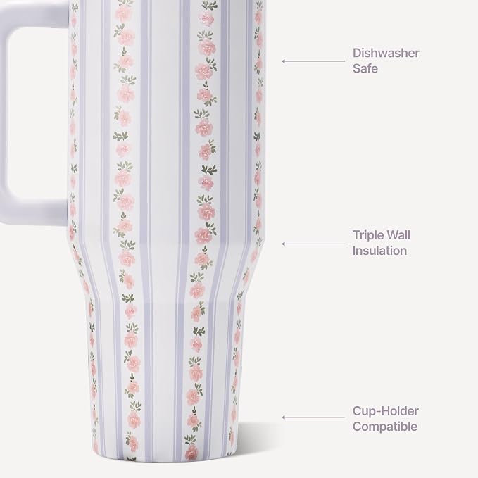 HydroJug Traveler - 40 oz Water Bottle with Handle & Flip Straw - Fits in Cup Holder, Leak Resistant Tumbler-Reusable Insulated Stainless Steel & Rubber Base - Gifts for Women & Men, Primrose
