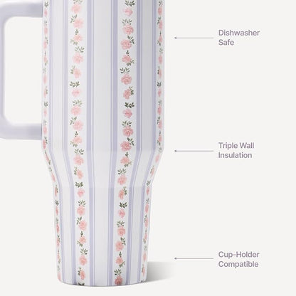 HydroJug Traveler - 40 oz Water Bottle with Handle & Flip Straw - Fits in Cup Holder, Leak Resistant Tumbler-Reusable Insulated Stainless Steel & Rubber Base - Gifts for Women & Men, Primrose