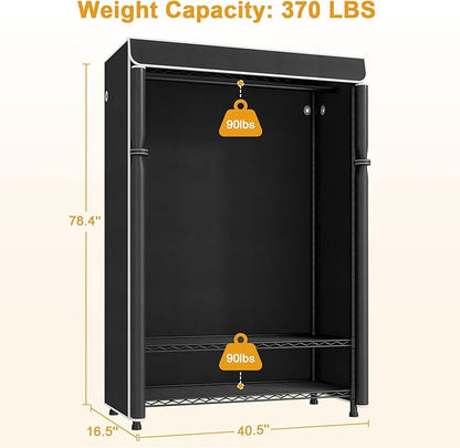 H5C Plus Clothes Rack with Cover, Portable Closet for Hanging Clothes, Covered Clothing Racks Heavy Duty, 3-Tiers Garment Rack with Shelves Max Load 370LBS Black Closet Rack with Black Cover