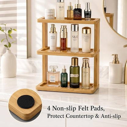 PEKER Bamboo Bathroom Organizer Countertop – Vanity Storage Shelf for Makeup, Perfume, Skincare – Natural Cosmetics Display Rack for Dresser, Sink, Kitchen – Natural
