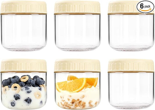 Overnight Oats Containers with Lids, 10oz Wide Mouth Mason Jars with Lids, 6 Pack Glass Jars with Airtight lid for Chia Pudding Yogurt Salad, Meal Prer Oatmeal Jars, Yellow