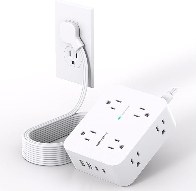Extension Cord 10 Ft, Ultra Thin Flat Plug Power Strip Surge Protector with 8 Outlets 4 USB Ports (2 USB C), HANYCONY Outlet Extender Desk Charging Station for Home Office Dorm Room Essentials