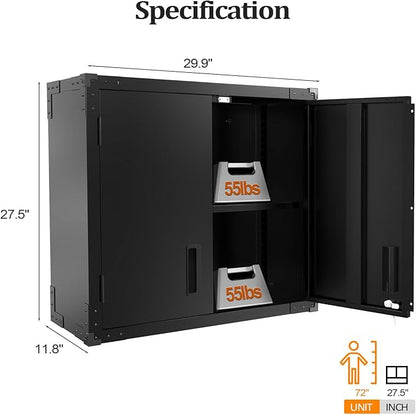 VINGLI Garage Wall Cabinet with Locking Doors and Adjustable Shelf, Metal Wall Cabinet, Floating Upper Storage Cabinet (Black, 30''W x 12''D x 28''H)