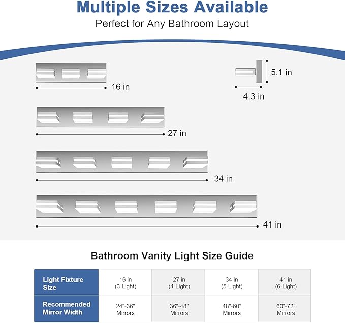 Modern LED Bathroom Lights Fixtures(4-Light),Stainless Steel Chrome Acrylic Wall Lighting,Vanity Lights for Bathroom Over Mirror(6000k 27in)