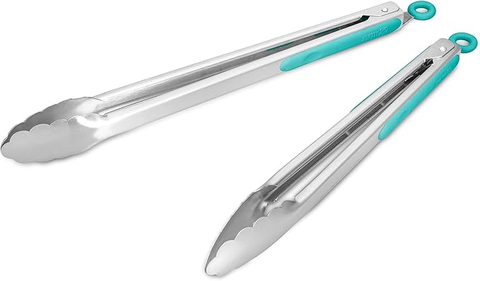 ALLWIN-HOUSEWARE W 304 Stainless Steel Kitchen Cooking Tongs, 12" and 14" Set of 2 Sturdy Grilling Barbeque Brushed Locking Food Tongs with Ergonomic Grip, Aqua Sky