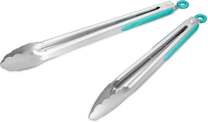 ALLWIN-HOUSEWARE W 304 Stainless Steel Kitchen Cooking Tongs, 12" and 14" Set of 2 Sturdy Grilling Barbeque Brushed Locking Food Tongs with Ergonomic Grip, Aqua Sky
