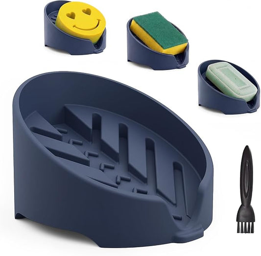 NiHome Silicone Sponge Holder Compatible with Scrub Daddy Mommy Sponges for Kitchen & Bathroom, Auto Draining Organizer, Holds Multiple Sponges & Cleaning Tools, Food-Grade, Dishwasher Safe(Dark Blue)
