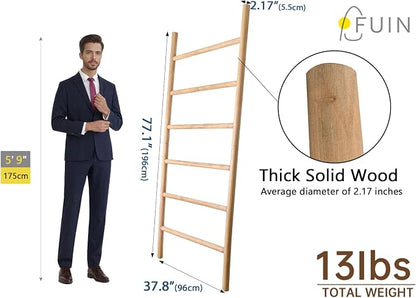 FUIN 6.4ft Extra Wide Wood Blanket Ladder Living Room Decorative Wall Leaning Farmhouse Quilt Display Holder Rustic Wooden Towel Rack for Bathroom, Brown, 38 inch Wide