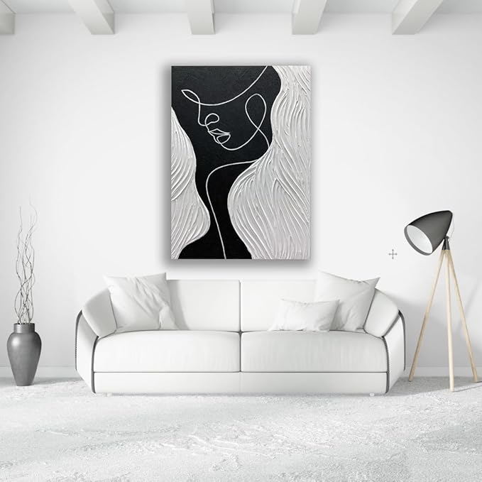 moshinart 24 x 36in Hand-Painted Oil Painting 3D Texture Black White Grey Modern Minimalist Black Abstract Wall Art, Home Office Wall Decoration Human Face