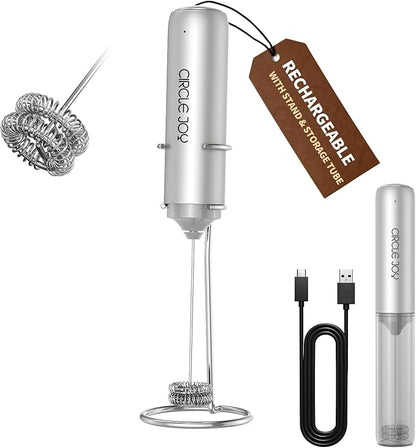 CIRCLE JOY Rechargeable Milk Frother Handheld with Stand,Dual Spring Whisk Electric Coffee Frother Wand, Portable Hand Frother Drink Mixer for Matcha Lattes Cappuccino, Coffee Lover Gift, Silver