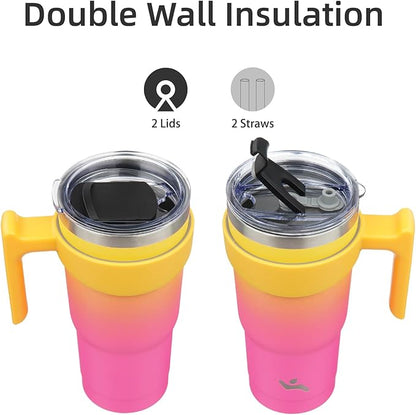 20 oz Tumbler with Handle and 2 Straw 2 Lid, Insulated Water Bottle Stainless Steel Vacuum Cup Reusable Travel Mug,Rainbow