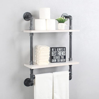 Industrial Pipe Shelf Bathroom Shelves Wall Mounted,19.6in Rustic Wood Shelf with Towel Bar,2 Tier Farmhouse Towel Rack Over Toilet,Pipe Shelving Floating Shelves Towel Holder,Retro White
