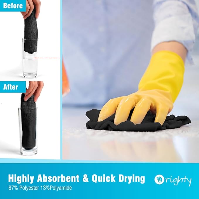 Orighty Microfiber Cleaning Cloth Bulk, 150 Pack Shop Towels, Reusable Cleaning Rags, Lint Free Microfiber Towels for Cars, Home & Kitchen, 12x12 Inch, Black