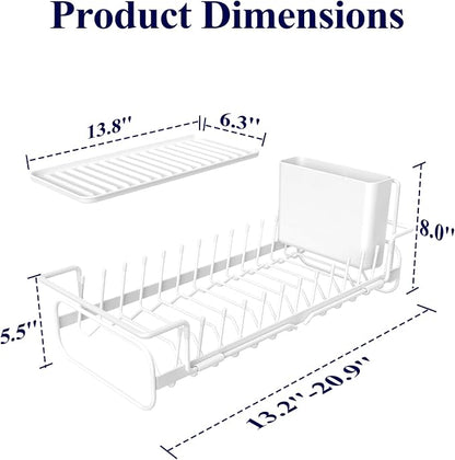Kitsure Dish Drying Rack - Expandable Dish Rack for Kitchen Counter, Over Sink Or in Sink, Space-Saving Plates Dryer with Cutlery Holder & Drip Tray, 14.0"-20.9" L x 6.3" W x 8.0" H, White