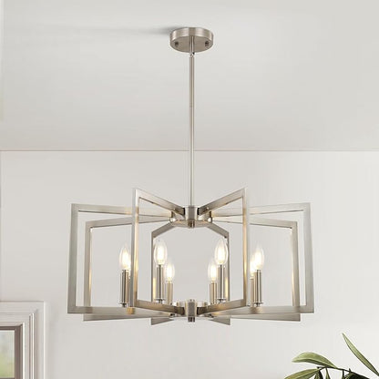 8-Light Modern Farmhouse Brushed Nickel Chandeliers for Dining Room, Large Industrial Kitchen Table Chandelier, Metal Geometric Hanging Light Fixture for Living Room Entryway Foyer Stairway